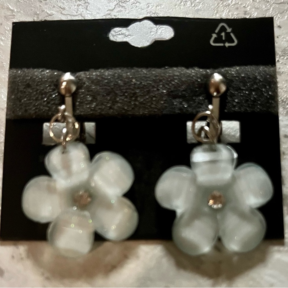 Handmade Clear Blue Floral Clip-On Earrings OS